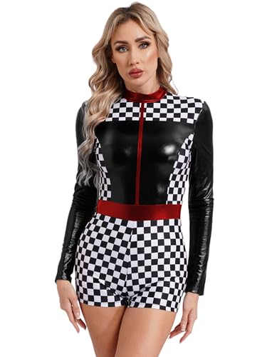 iiniim Damen Rennfahrer Kostüm Kariert Jumpsuit Overall Langarm Body Rennfahrer Uniform Halloween Karneval Fasching Kostüm Schwarz 3XL von iiniim