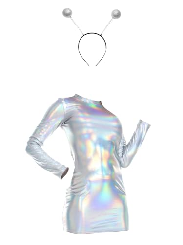 iiniim Damen Space Girl Alien Kostüm Metallic Kleid Minikleid mit Alien Stirnband Karneval Fasching Kostüm Mottoparty Clubwear B Silber L von iiniim
