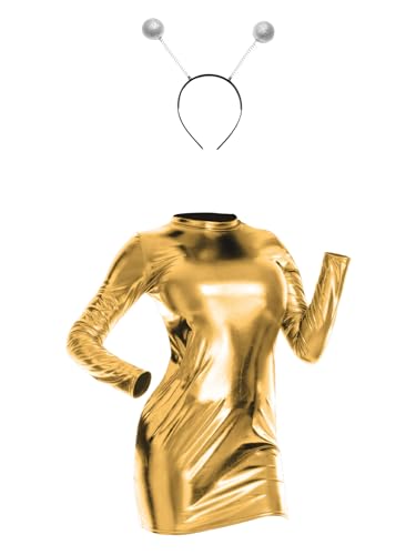 iiniim Damen Space Girl Alien Kostüm Metallic Kleid Minikleid mit Alien Stirnband Karneval Fasching Kostüm Mottoparty Clubwear Gold M von iiniim