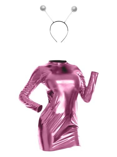 iiniim Damen Space Girl Alien Kostüm Metallic Kleid Minikleid mit Alien Stirnband Karneval Fasching Kostüm Mottoparty Clubwear Rosa XL von iiniim