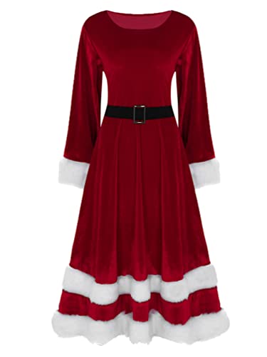iiniim Damen Weihnachten Kleid Miss Santa Claus Kostüm Samt Langarm Weihnachtskleid Weihnachtsmann Kostüm Cosplay Party Outfits S-5XL A Rot 5XL von iiniim