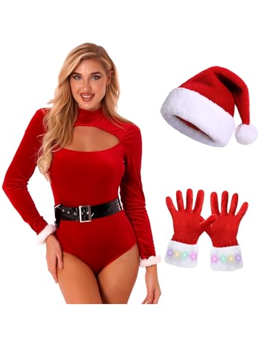 iiniim Damen Weihnachten Kostüm Miss Santa Kostüm Body Overall mit Weihnachtsmütze Handschuhe Negligee Weihnachten Dessous Set C Rot S von iiniim