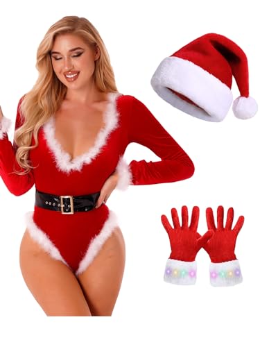 iiniim Damen Weihnachten Kostüm Miss Santa Kostüm Body Overall mit Weihnachtsmütze Handschuhe Negligee Weihnachten Dessous Set D Rot XXL von iiniim