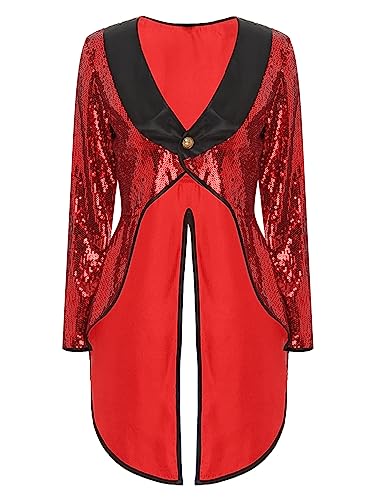 iiniim Damen Zirkus Kostüm Pailletten Frack Jacke Blazer Mantel Ringmaster Uniform Zirkusdirektor Kostüm Halloween Weihnachten Karneval Fasching Rot 3XL von iiniim