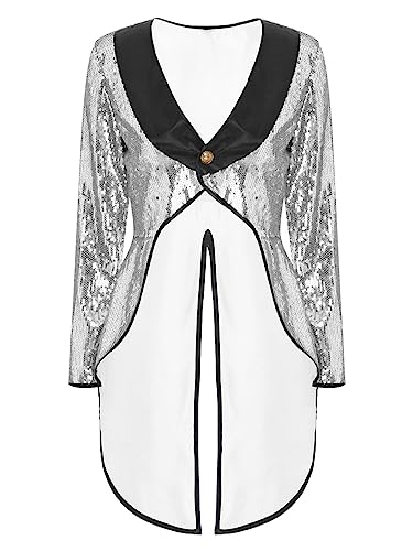 iiniim Damen Zirkus Kostüm Pailletten Frack Jacke Blazer Mantel Ringmaster Uniform Zirkusdirektor Kostüm Halloween Weihnachten Karneval Fasching Silber XL von iiniim