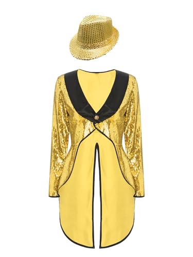 iiniim Damen Zirkus Kostüm Pailletten Jacke Frack Blazer Mantel mit Hut Halloween Kostüm Weihnachten Karneval Fasching Gold S von iiniim