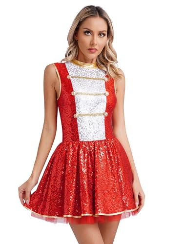 iiniim Damen Zirkus Kostüm Zirkusdirektor Uniform Glitzer Kleid mit Quasten Ringmaster Kostüm Halloween Weihnachten Karneval Fasching Kostüm C Rot 3XL von iiniim