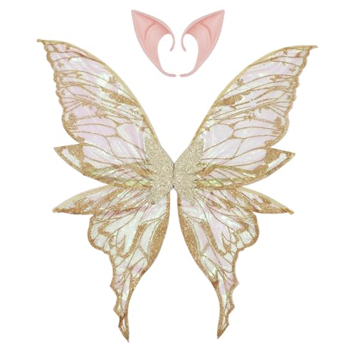 iiniim Fairy Flügel für Frauen Mädchen, Gold Stempel Schmetterling Elf Flügel mit Elf Ohren für Dress Up Party Sekt One Size iiniim Fairy Flügel für Frauen Mädchen, Gold Stempel Schmetterling Elf Flügel mit Elf Ohren für Dress Up Party Sekt One Size von iiniim