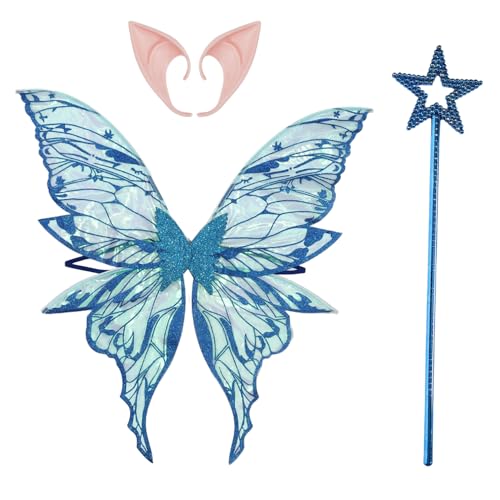 iiniim Fairy Wings Glänzende Schmetterling Elf Flügel mit Elf Ohren Fairy Stick für Frauen Mädchen Dress Up Party Blau und Marineblau One Size von iiniim