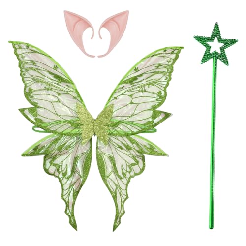 iiniim Fairy Wings Glänzende Schmetterling Elf Flügel mit Elf Ohren Fairy Stick für Frauen Mädchen Dress Up Party Grün&Grün One Size von iiniim