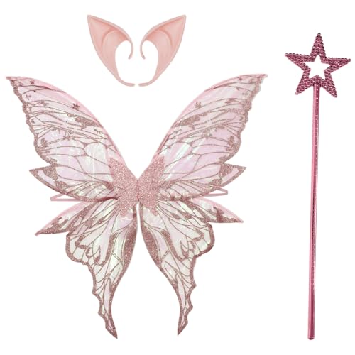 iiniim Fairy Wings Glänzende Schmetterling Elf Flügel mit Elf Ohren Fairy Stick für Frauen Mädchen Dress Up Party Rosa&Rosa One Size iiniim Fairy Wings Glänzende Schmetterling Elf Flügel mit Elf Ohren Fairy Stick für Frauen Mädchen Dress Up Party Rosa&Rosa One Size von iiniim