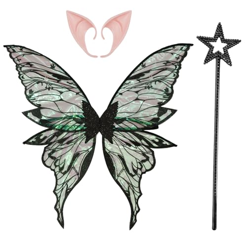 iiniim Fairy Wings Glänzende Schmetterling Elf Flügel mit Elf Ohren Fairy Stick für Frauen Mädchen Dress Up Party Schwarz Schwarz One Size von iiniim