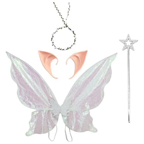 iiniim Feenflügel Kostüm Set Schmetterlingsflügel Blumengirlande und Elfenohren Zauberstab für Verkleidungsparty Weißes Set One Size iiniim Feenflügel Kostüm Set Schmetterlingsflügel Blumengirlande und Elfenohren Zauberstab für Verkleidungsparty Weißes Set One Size von iiniim