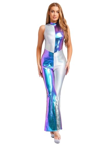 iiniim Frauen Glänzend Ärmellos Er Hippie Overall Er Halloween Kostüm Schlaghosen Bodysuit Blau XXL von iiniim