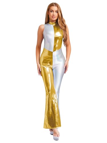 iiniim Frauen Glänzend Ärmellos Er Hippie Overall Er Halloween Kostüm Schlaghosen Bodysuit Gold XXL von iiniim