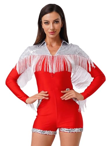 iiniim Frauen Glänzender Western Cowgirl Bodysuit Fransen Funkelnde Pailletten Er Er Disco Kostüme Für Halloween Rot XXL von iiniim