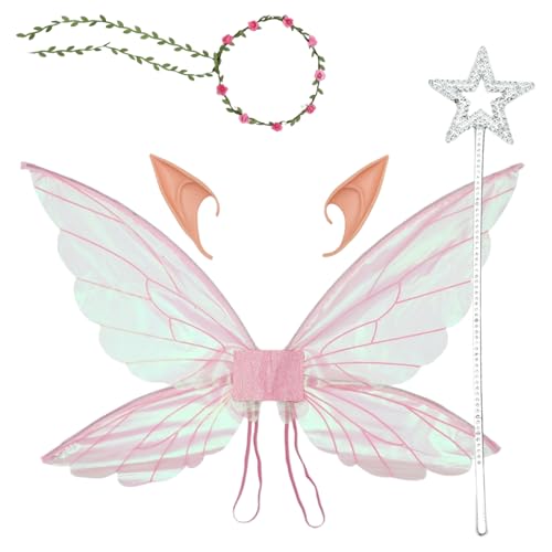 iiniim Glitzernde Durchsichtige Feenelfenflügel Blumenkranz Elfenohren Und Prinzessinnensternstab Für Mottoparty Rosa Set Einheitsgröße von iiniim