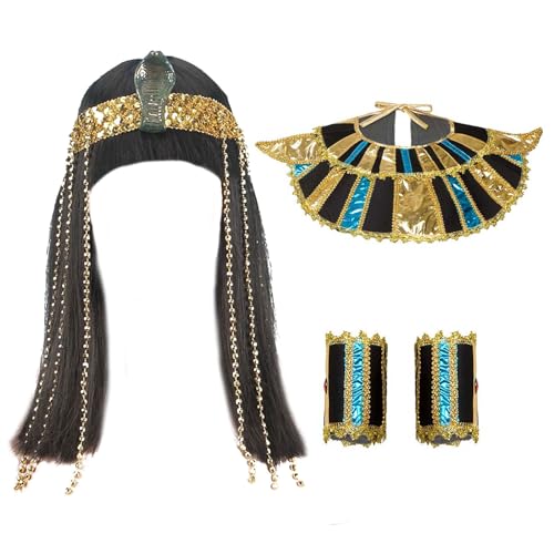 iiniim Halloween Ägyptische Königin Kleopatra Kostüm Perücke Halskragen Gürtel Handgelenksbänder Nile Queen Kleopatra Cosplay Fasching Requisiten Gold Schwarz One Size von iiniim