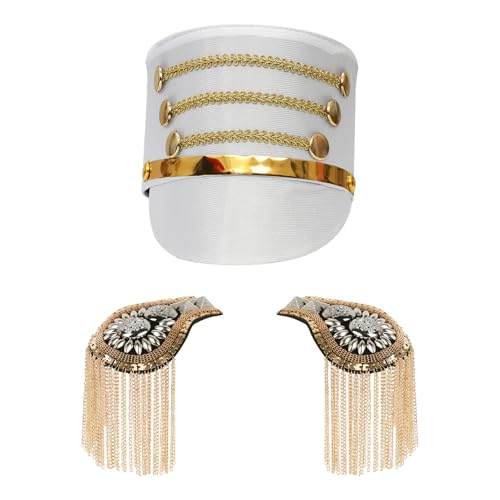 iiniim Halloween Kinder Marching Band Hut mit Quasten Schulterbrett Set Vintage Schulterklappen Majorette-Hut Kapitänsmütze Cosplay Fasching Weiß B One Size iiniim Halloween Kinder Marching Band Hut mit Quasten Schulterbrett Set Vintage Schulterklappen Majorette-Hut Kapitänsmütze Cosplay Fasching Weiß B One Size von iiniim