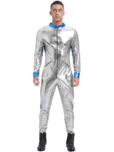 iiniim Herren Astronauten Kostüm Wetlook Body Overall Silber Metallic Jumpsuit Ganzkörperanzug Weltall Raumfahrer Kostüm Halloween Karneval Fasching Mottoparty B Silber 3XL von iiniim