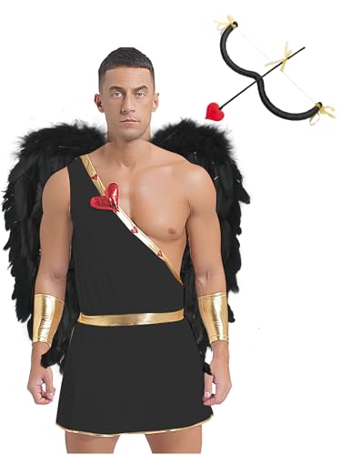 iiniim Herren Engel Kostüm Liebesbote Toga Overall mit Engelsflügel Pfeil Bogen Halloween Karneval Fasching Kostüm Schwarz S von iiniim