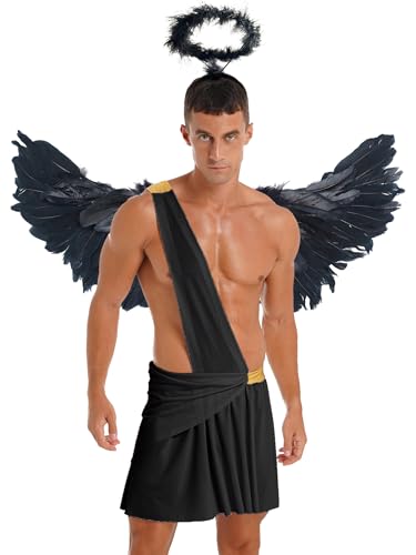 iiniim Herren Engel Kostüm Weihnachtsengel Toga Rock mit Engelsflügel Heiligenschein Griechische Gott Kostüm Halloween Karneval Fasching Schwarz 3XL von iiniim