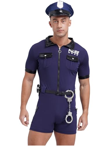 iiniim Herren Polizei Kostüm Polizei Body Overall Kurz Jumpsuit mit Polizeimütze Polizist Uniform für Halloween Karneval Nachtclub Party A Marine Blau L von iiniim
