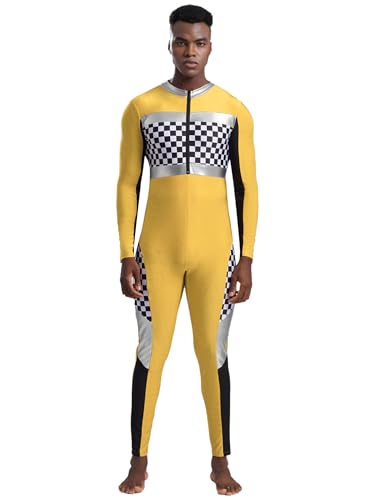 iiniim Herren Rennfahrer Kostüm Rennfahrer Uniform Kariert Racing Kostüm Langarm Overall Jumpsuit Halloween Karneval Fasching Kostüm Gelb L von iiniim