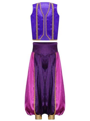 iiniim Jungen Arabisch Prinz Kostüm Orientalische Satin Weste + Haremshose Märchen Flaschengeist Outfit Halloween Karneval Kostüm Lila 158-164 von iiniim