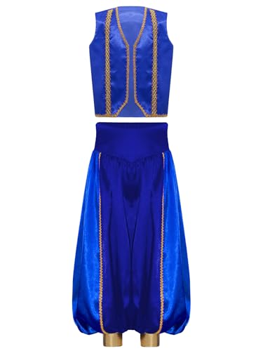 iiniim Jungen Arabisch Prinz Kostüm Orientalische Satin Weste + Haremshose Märchen Flaschengeist Outfit Halloween Karneval Kostüm Royal Blau 170-176 von iiniim