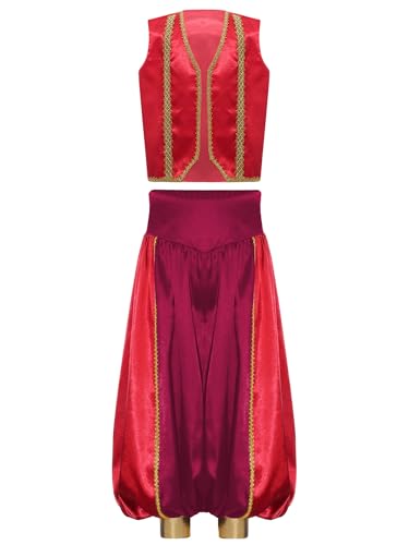 iiniim Jungen Arabisch Prinz Kostüm Orientalische Satin Weste + Haremshose Märchen Flaschengeist Outfit Halloween Karneval Kostüm Weinrot 170-176 von iiniim