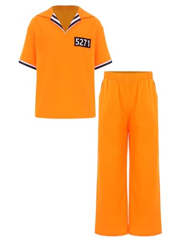 iiniim Kinder Gefangener Kostüm Jungen Mädchen Orange Gefängnis Anzug Kurzarm T-Shirt mit Hose Insasse Outfit Halloween Karneval Fasching Mottoparty Orange 134-140 von iiniim