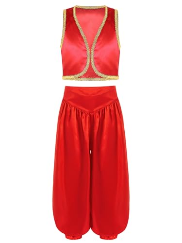 iiniim Kinder Jungen Arabische Kleidung Ärmellos Satin Weste + Harenshose Arabischer Prinz Kostüm Orient Märchenprinz Kostüm Karneval Fasching Rot 170-176 von iiniim