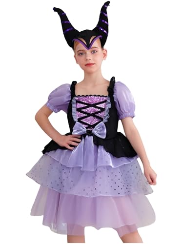 iiniim Kinder Mädchen Hexe Kleid Böse Königin Kleid mit Teufelshörner Hexenkostüm Halloween Karneval Fasching Partykleid Lila 80-92 von iiniim