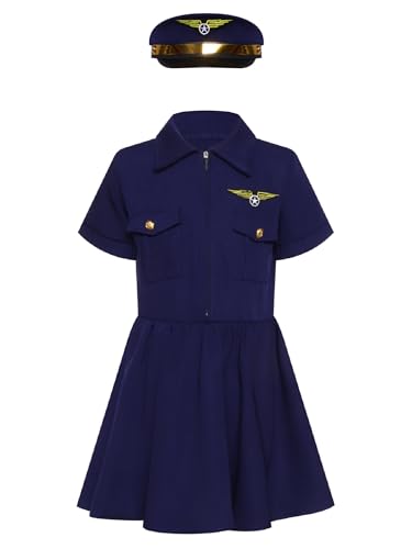 iiniim Kinder Mädchen Polizei Kostüm Polizistin Uniform Kurzarm Tutu Kleid mit Hut Halloween Karneval Fasching Partykleid B Marineblau 92-104 von iiniim