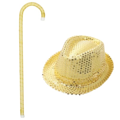 iiniim Kinder Paillettenhut mit Tanzstock Set Glänzende Disco-Hut Tanzhut 50cm Walking Stick für Cosplay Fasching Tanz Karneval Zubehör Gold One Size von iiniim