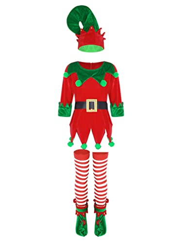 iiniim Kinder Weihnachtself Kostüm Jungen Mädchen Wichtel Kostüm Weihnachts Elfen Kostüm Weihnachtsfeier Fasching Karneval Kostüm Rot 122-128 von iiniim
