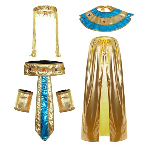 iiniim Kostüm Ägyptische Pharao Kleopatra Kostüm Set Königin Stirnband Halskragen Golden Umhang Armbänder Gürtel König Königin Cosplay Fasching Karneval Party Typ C One Size von iiniim