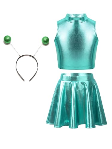 iiniim Mädchen Alien Kostüm Space Girl Kleid Metallic Crop Top Oberteile mit Minirock Haarreif Space Alien Outfit Karneval Fasching Partykleid Blau See 170-176 von iiniim