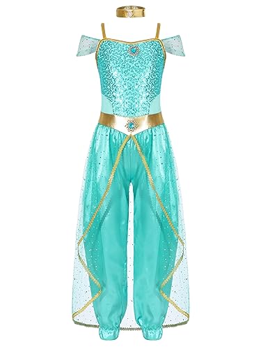 iiniim Mädchen Bauchtanz Kostüm Glänzend Overall Jumpsuit mit Halsband Arabisch Kostüm Halloween Karneval Fasching Party Tanzkostüm Hellgrün 158-164 von iiniim