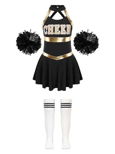 iiniim Mädchen Cheer Leader Kostüm Cheerleading Kleid mit Pompoms Socken Schulmädchen Kostüm Halloween Karneval Fasching Tanzkostüm A Weiß&Schwarz 134-140 von iiniim