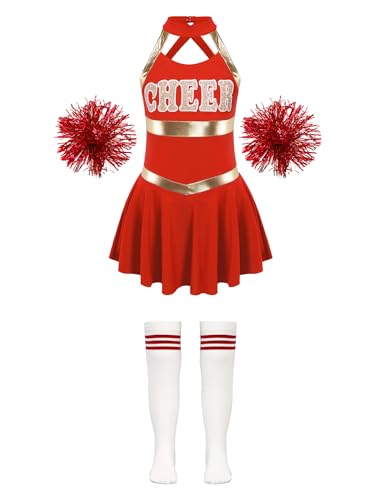 iiniim Mädchen Cheer Leader Kostüm Cheerleading Kleid mit Pompoms Socken Schulmädchen Kostüm Halloween Karneval Fasching Tanzkostüm B Rot 134-140 von iiniim