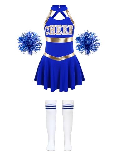 iiniim Mädchen Cheer Leader Kostüm Cheerleading Kleid mit Pompoms Socken Schulmädchen Kostüm Halloween Karneval Fasching Tanzkostüm B Royal Blau 110-116 von iiniim