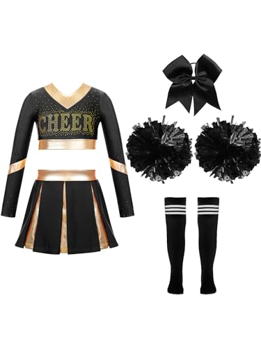 iiniim Mädchen Cheer Leader Kostüm Cheerleading Uniform Kleid Langarm Crop Tops mit Rock Pompoms Socken Cosplay Halloween Fasching Karneval C Schwarz 146-152 von iiniim