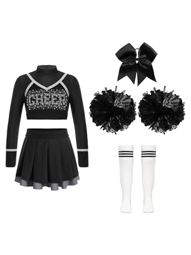 iiniim Mädchen Cheer Leader Kostüm Cheerleading Uniform Kleid Langarm Crop Tops mit Rock Pompoms Socken Cosplay Halloween Fasching Karneval D Schwarz A 158-164 von iiniim