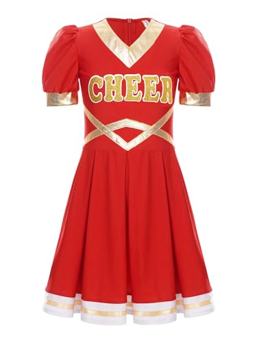 iiniim Mädchen Cheer Leader Kostüm Cheerleading Uniform Langarm Kleid Cosplay Schulmädchen Kostüm Halloween Fasching Karneval Verkleidung D Rot 146-152 von iiniim