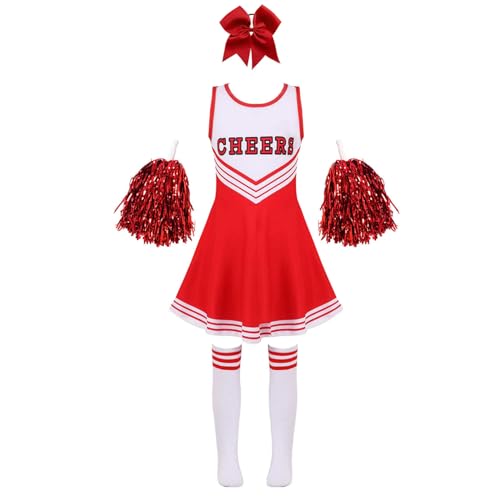 iiniim Mädchen Cheer Leader Kostüm Schulmädchen Uniform Kleid mit Pompoms Socken Cosplay Halloween Fasching Karneval Verkleidung Aa Rot 122-128 von iiniim