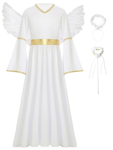iiniim Mädchen Engel Kleid mit Engelsflügel Heiligenschein Zauberstab Engelskostüm Griechische Göttin Kleid Maxikleid Halloween Karneval Fasching Verkleidung Weiß 122-128 von iiniim