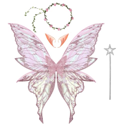 iiniim Mädchen Fee Kostüm Set Glitzernde Schmetterlingsflügel Blumengirlande und Elfenohren Zauberstab für Verkleidungsparty Rosa One Size von iiniim