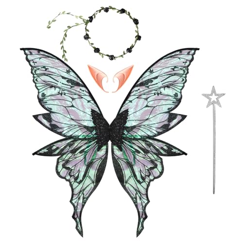 iiniim Mädchen Fee Kostüm Set Glitzernde Schmetterlingsflügel Blumengirlande und Elfenohren Zauberstab für Verkleidungsparty Schwarz One Size von iiniim